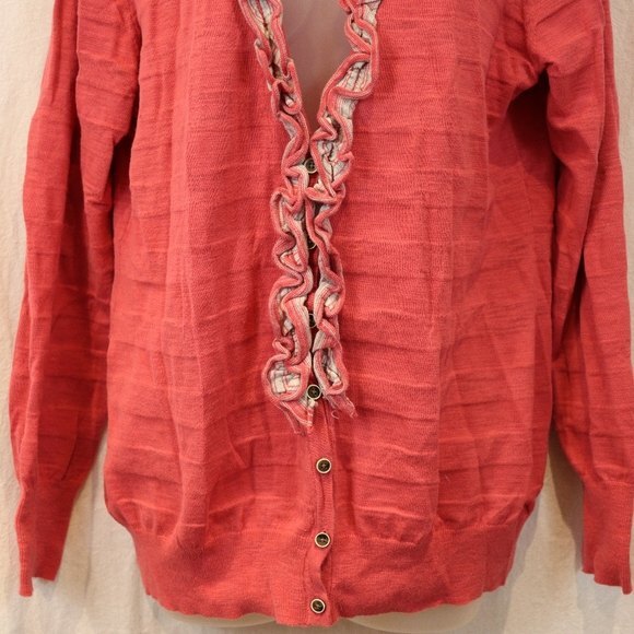 Banana Republic Pink Ruffle Cardy Cardigan Sweater Striped XL - Picture 3 of 12